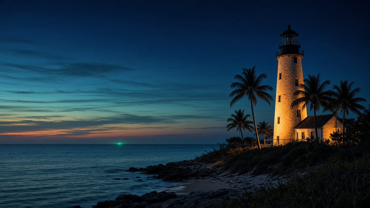Jupiter, Florida coastal lighthouse at dusk in navy and emerald light