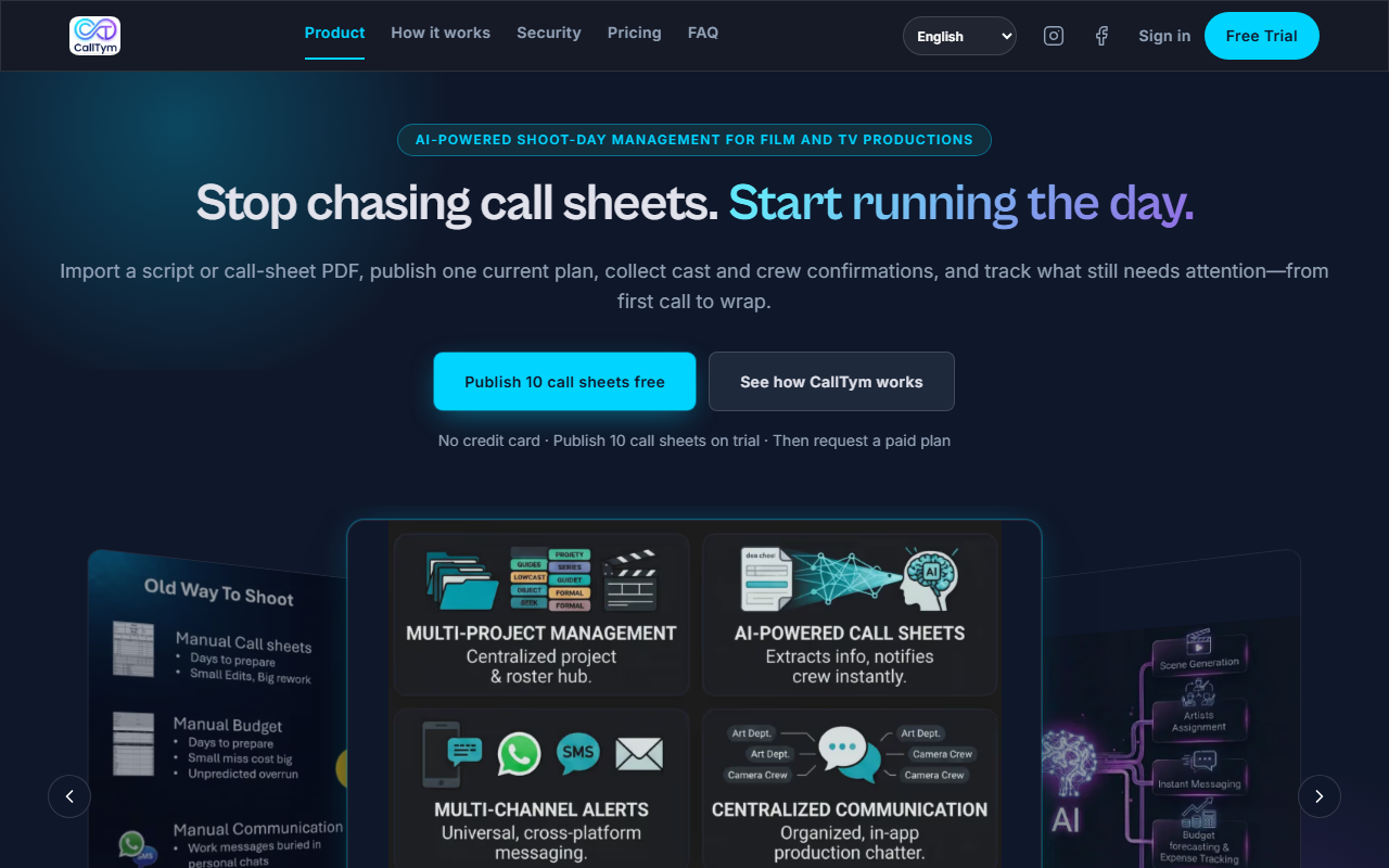 Live CallTym SaaS homepage for film and television production call sheets