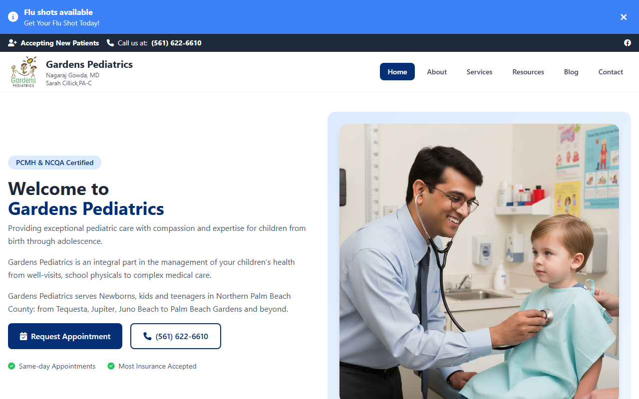Live Gardens Pediatrics content-managed website for a Jupiter pediatric practice